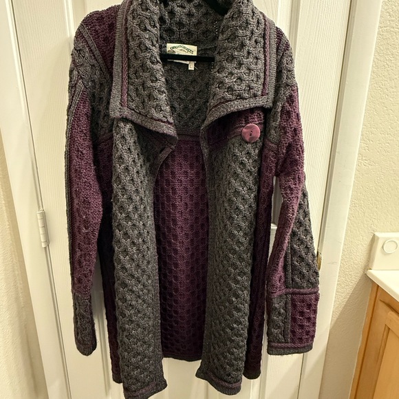 Aran Crafts Sweater Women Large Merino Wool Button Jacket Coat EUC Purple Gray - Picture 2 of 4